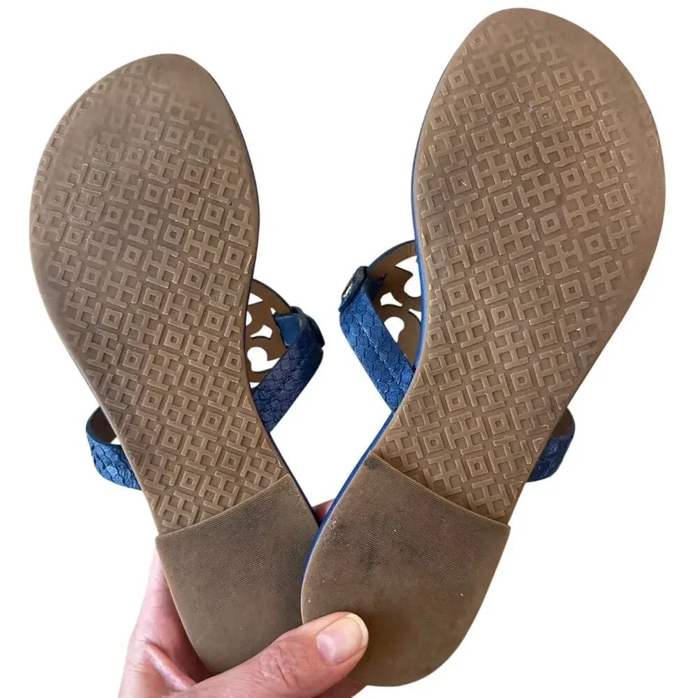 Tory Burch Miller Laguna Blue Snake Embossed Sandals 7.5